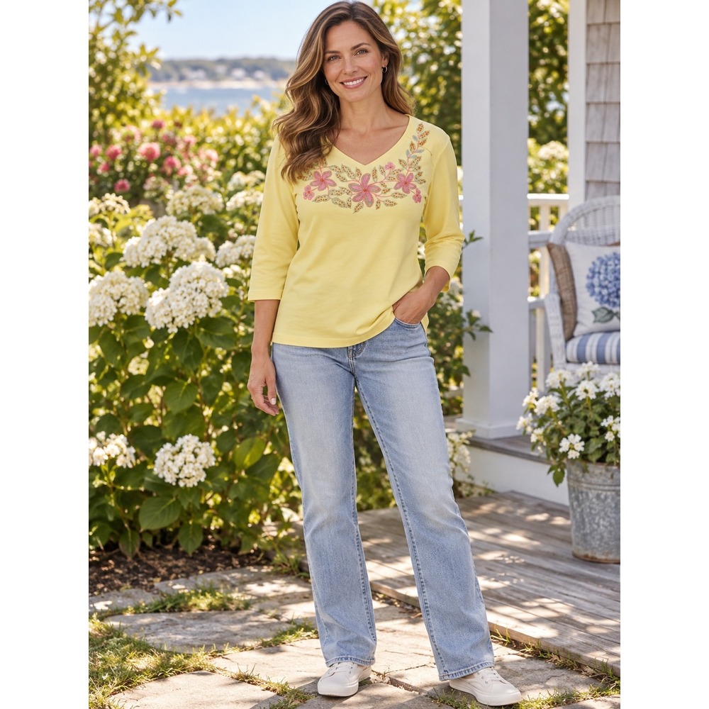 Coldwater Creek Yellow Floral Embroidered Beaded V Neck Top Women M Cottagecore
